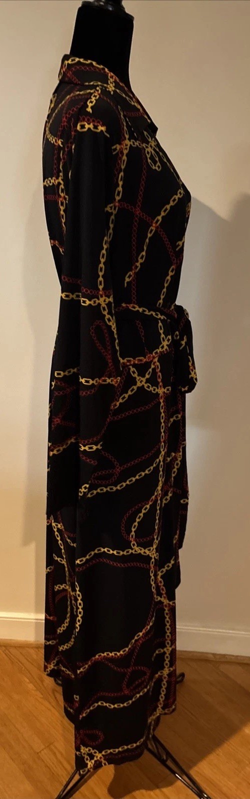 Ashro Black Red Gold Chains Wrap Style Dress Long Sleeve Plus Size 20W Casual
