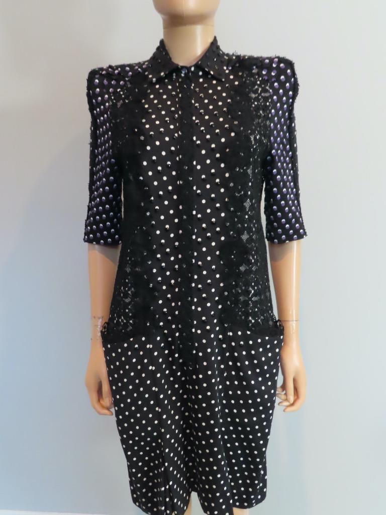 Bottega Veneta Black/White&Purple Dot Print with Bead&Lace Detail Dress 40/US 4
