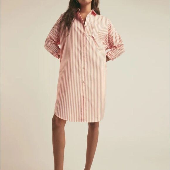 NWT Trovata Birds of Paradis Striped Shirt Dress Long Sleeve Belt Pink White S