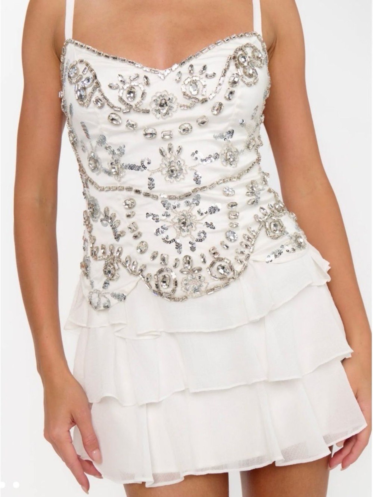 Show Me Your Mumu Kiara Rhinestone Embellished Ruffle White Mini Dress size XL
