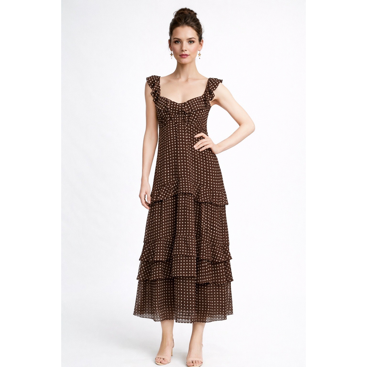 Lucy Paris Dotted Chiffon Sweetheart Sleeveless Ruffle Tiered Midi Dress NWT