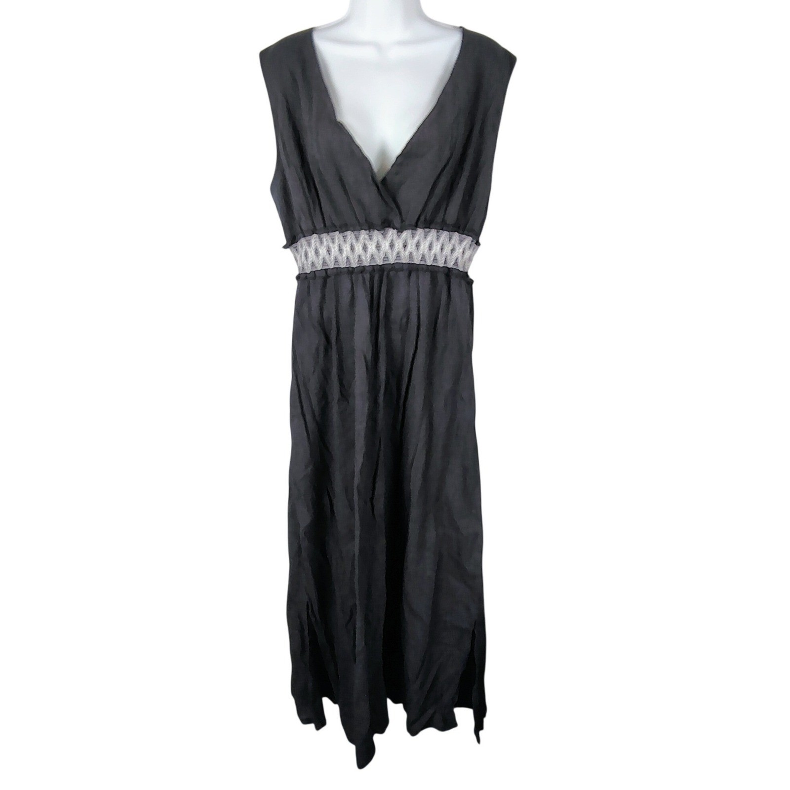 Cypress Black Cotton Gauze Smocked Empire Waist V-Neck Maxi Dress L witchy goth