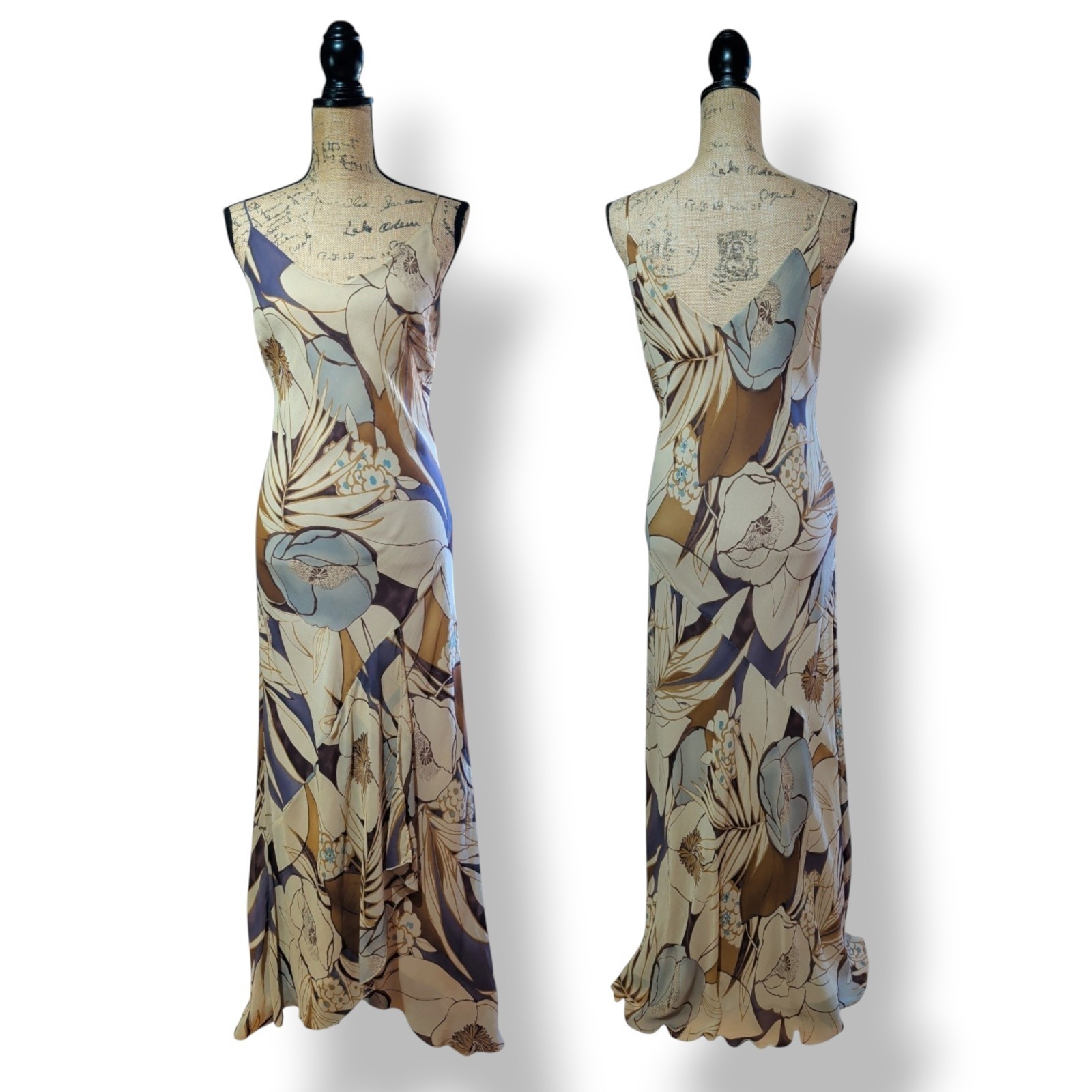 90s Y2K Monsoon 100% Silk Bias Cut Floral Long Slip Dress UK 14/16 (US 12)