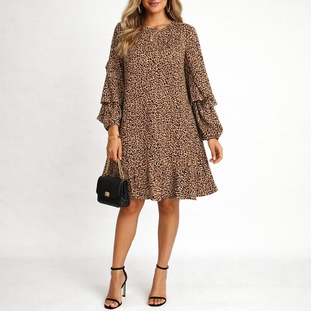 Leopard Animal Print Dress Womens Large Brown Ruffle Tiered Sleeve 90s Mob Wife