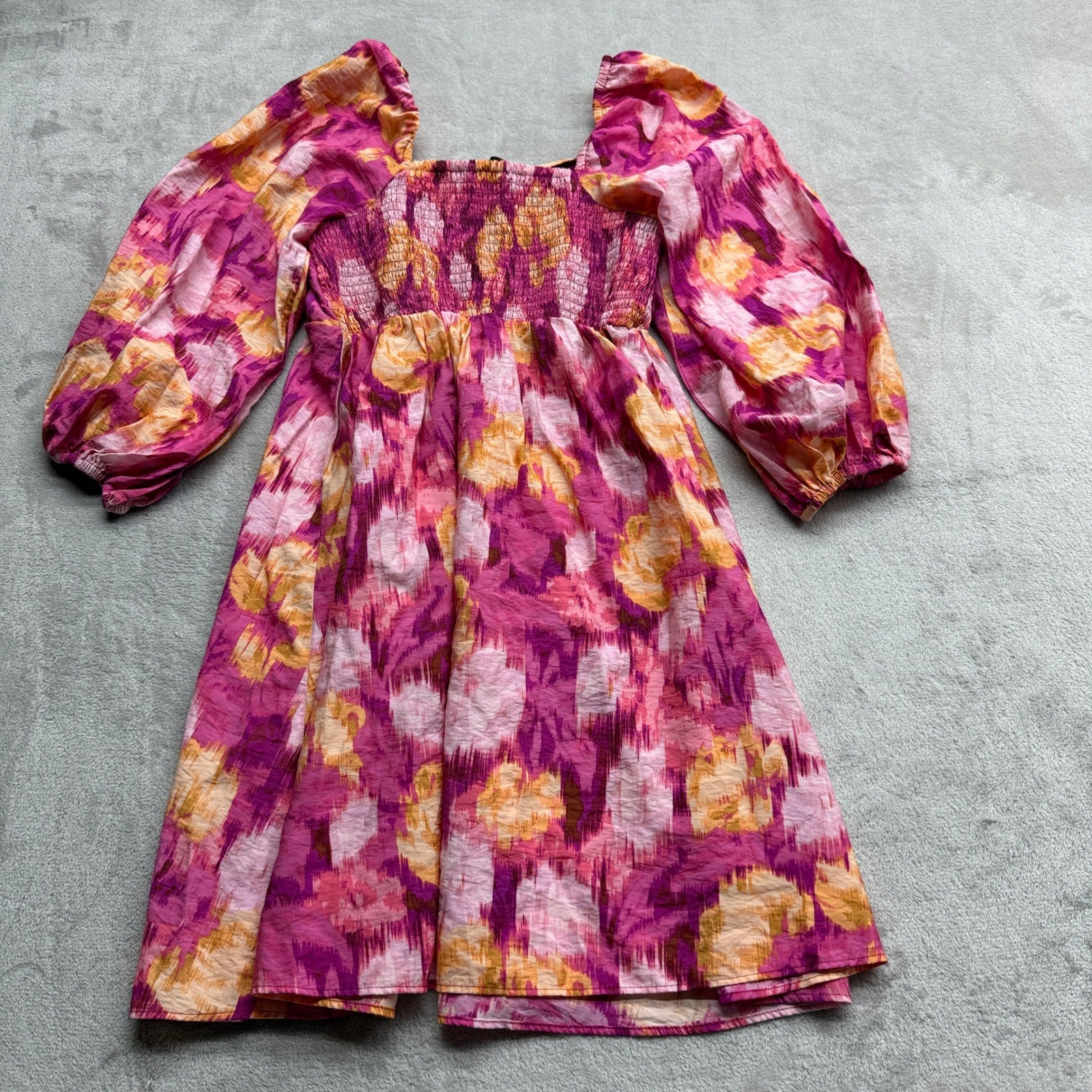 LOFT Dress Womens Small Pink Orange Floral Puff Sleeve Smocked Boho Cottagecore