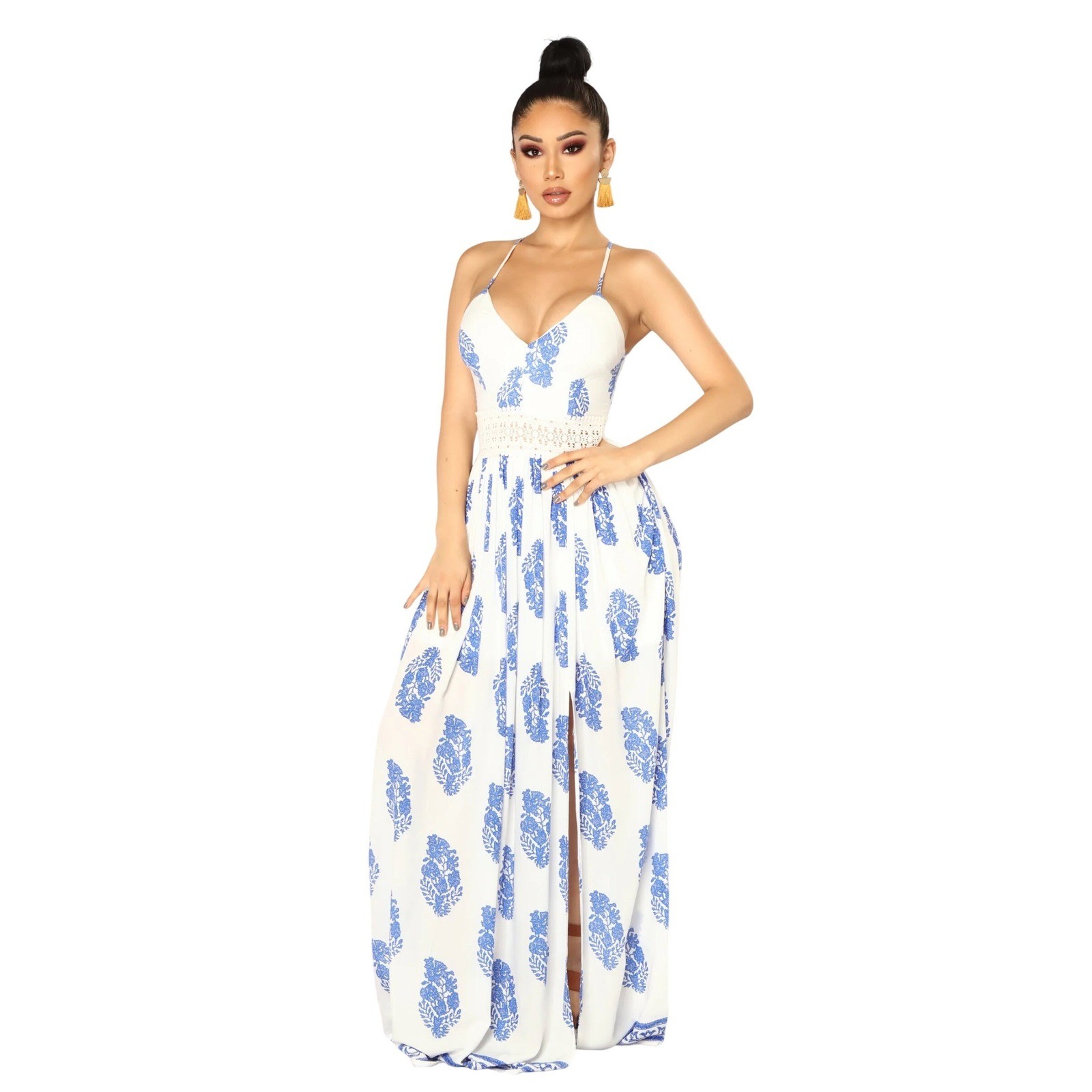 Fashion Nova White Blue Paisley Crochet Waist High Slit Maxi Dress Medium NWOT