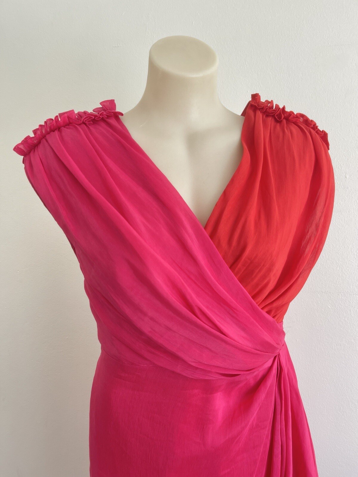 LEO LIN Silk Midi Dress Pink Red Draped Asymmetric Grecian Party Size AU 12 L