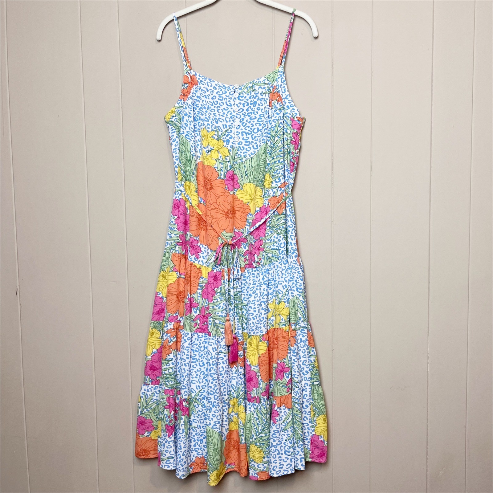 Coast NWT Floral Midi Dress Medium Leopard Print Tiered Tie Waist Beachy Blue