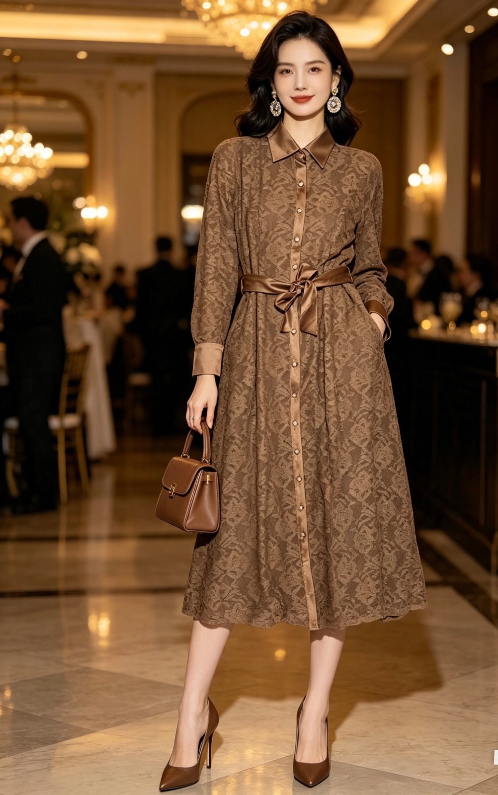 Womens Brown Midi Shirt Dress Long Sleeve Button Down Modest Occasion Dress