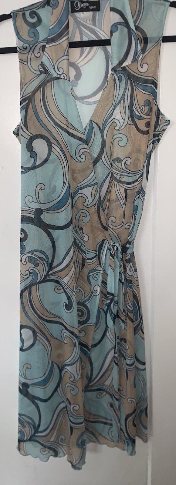 Vintage Y2K 🖤 Ginger Sheer Swirl Print Tie Front Dress Blue Tan Size M/L