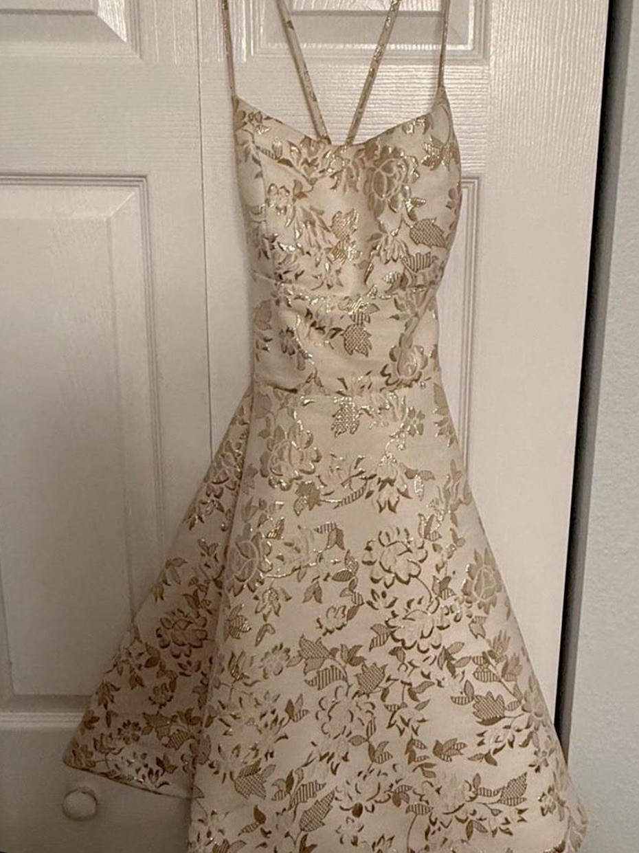 Hoco dress Ivory & Gold Floral Fit & Flare Midi Dress Sweetheart Backless Straps