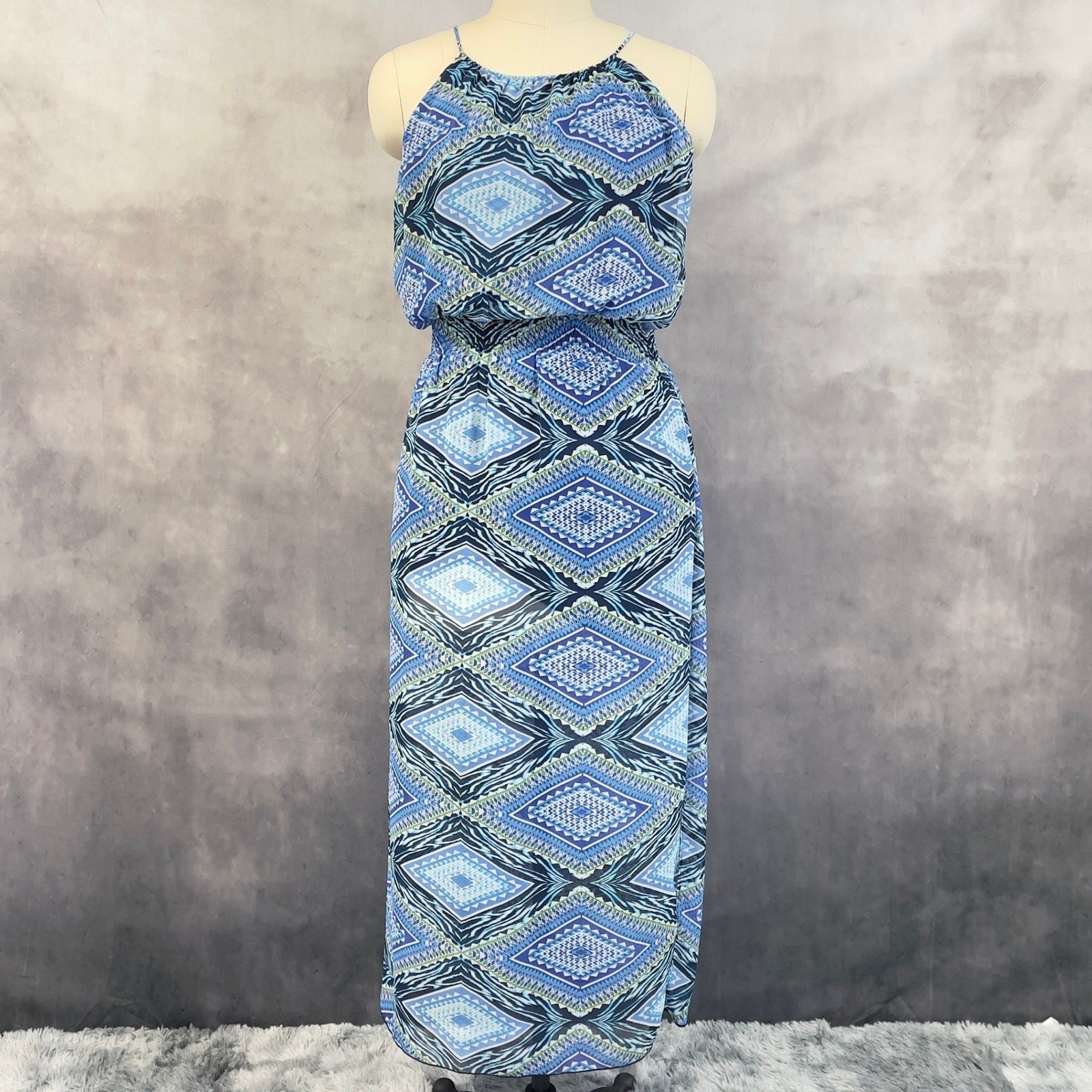 Enfocus Studio Maxi Dress Women 14 Geometric Boho Flowy Sleeveless Halter Resort
