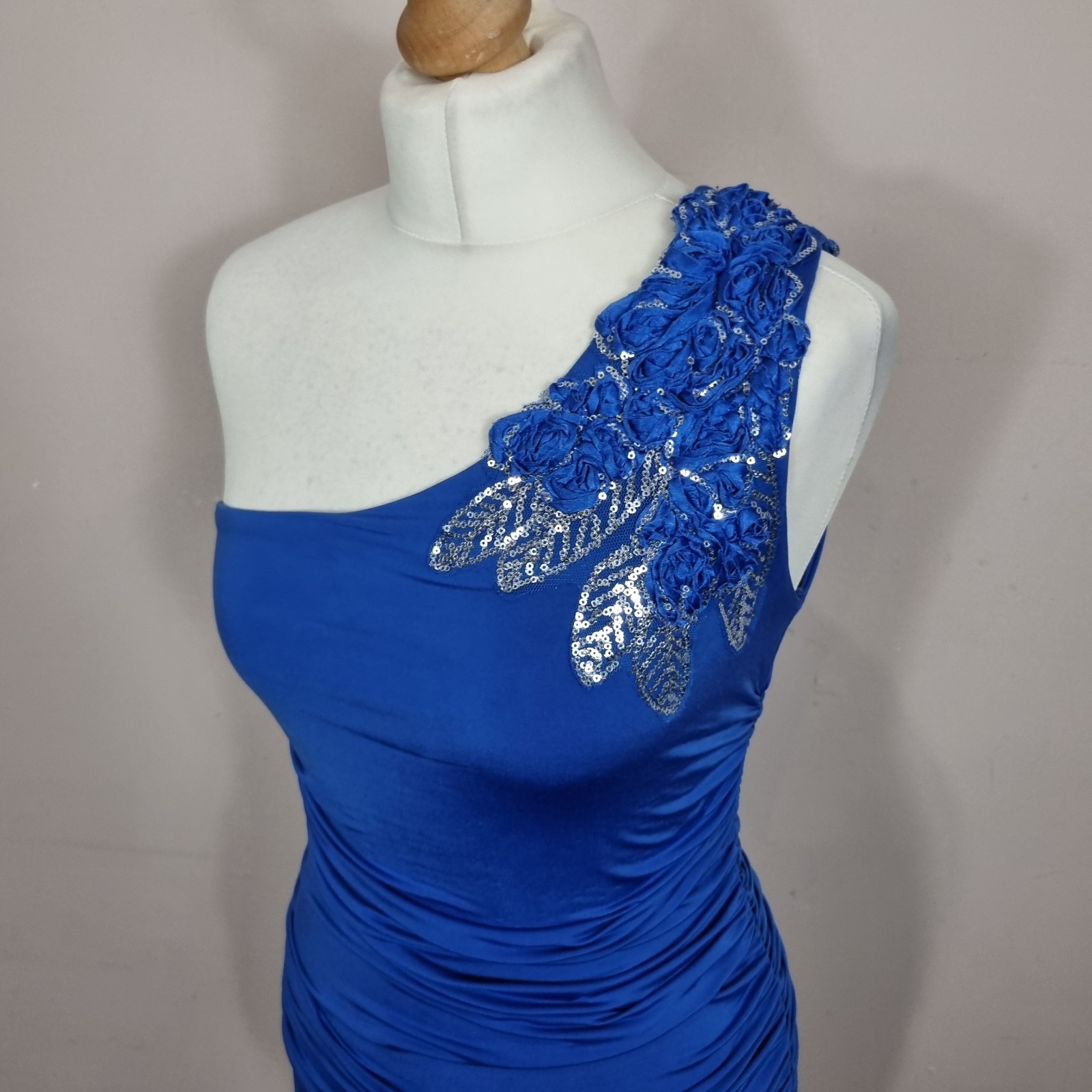 Vintage Jane Norman One Shoulder Blue Mini Ruched Dress Size 10 To 12