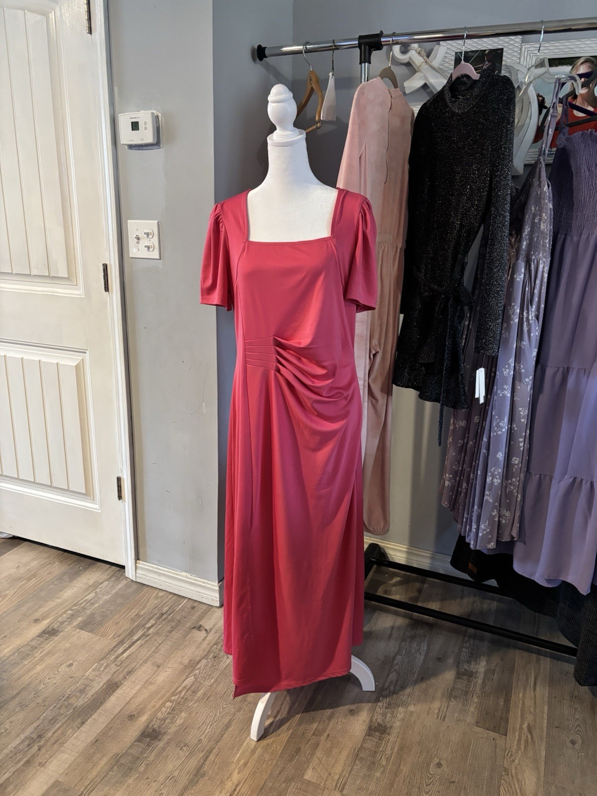 VIISHOW Pink Square Neck Short Sleeve Ruched Maxi Dress Solid Long Women