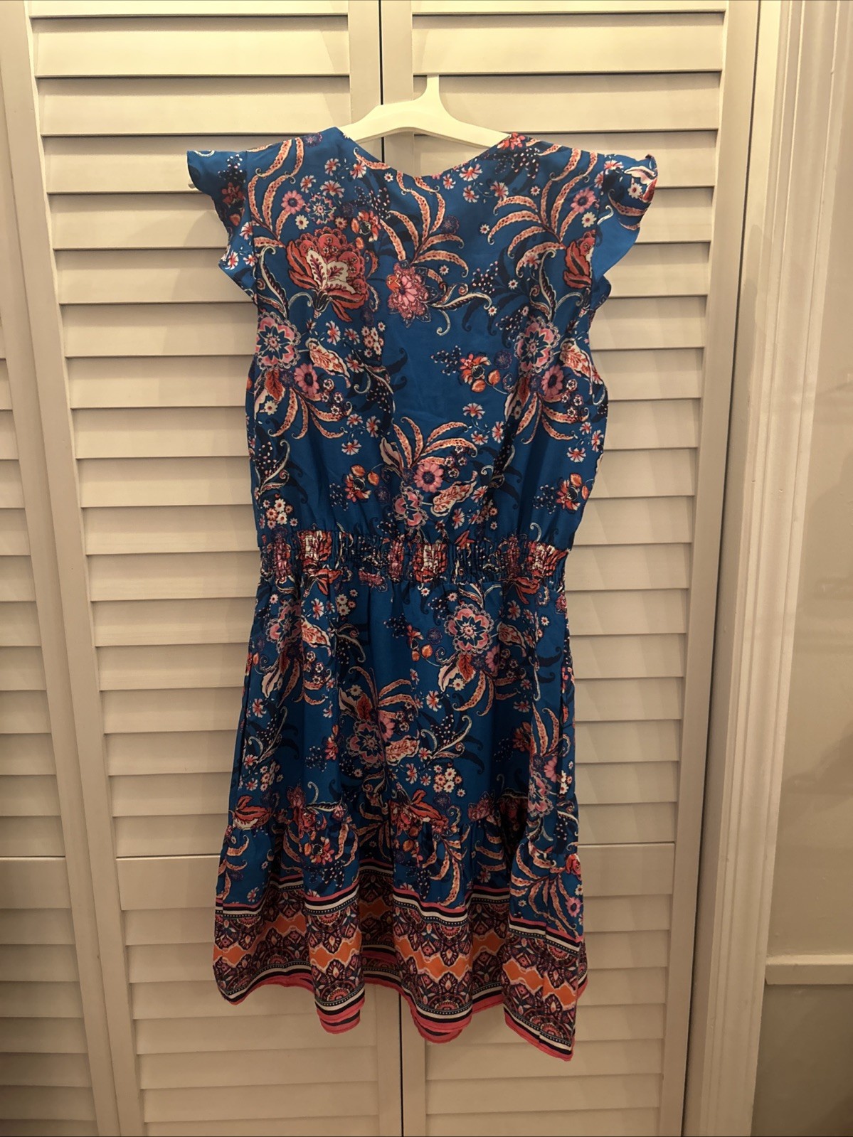 Falling Flowers Boutique Sleeveless Dress Large Blue Floral Boho Ruffles Midi