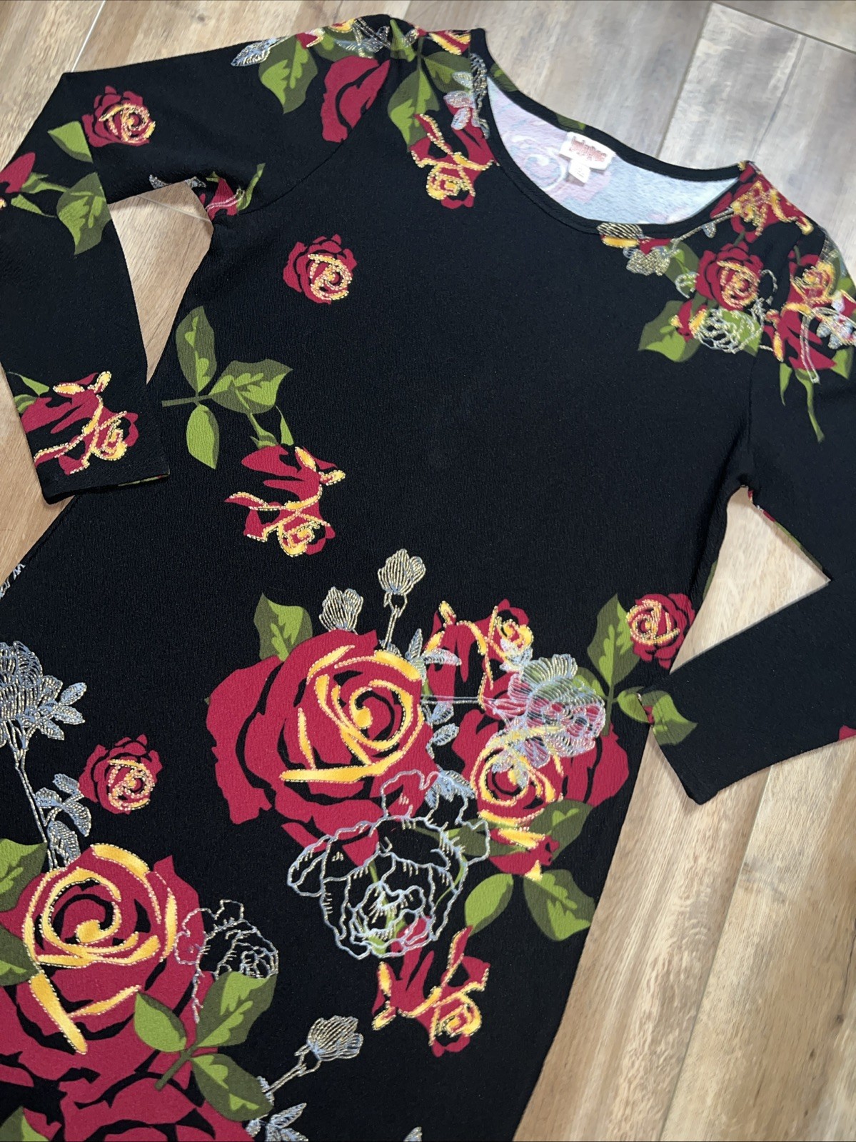 Lularoe Debbie Dress Dip Huge Black Gold Red Roses Elegant Fitted 2XL 20/22 New