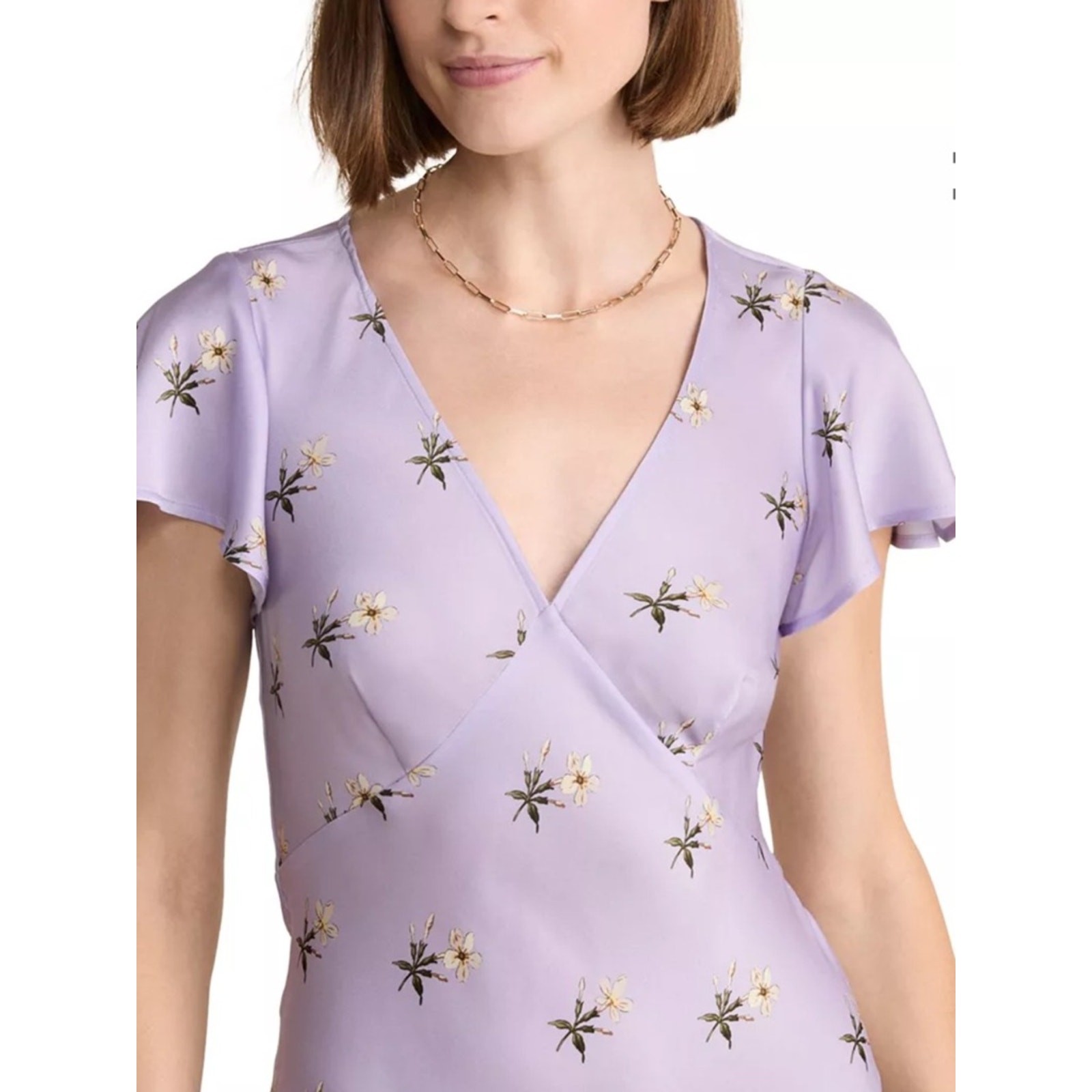 Vineyard Vines Lilac Satin Flutter-Sleeve Midi Dress with Small Floral Print