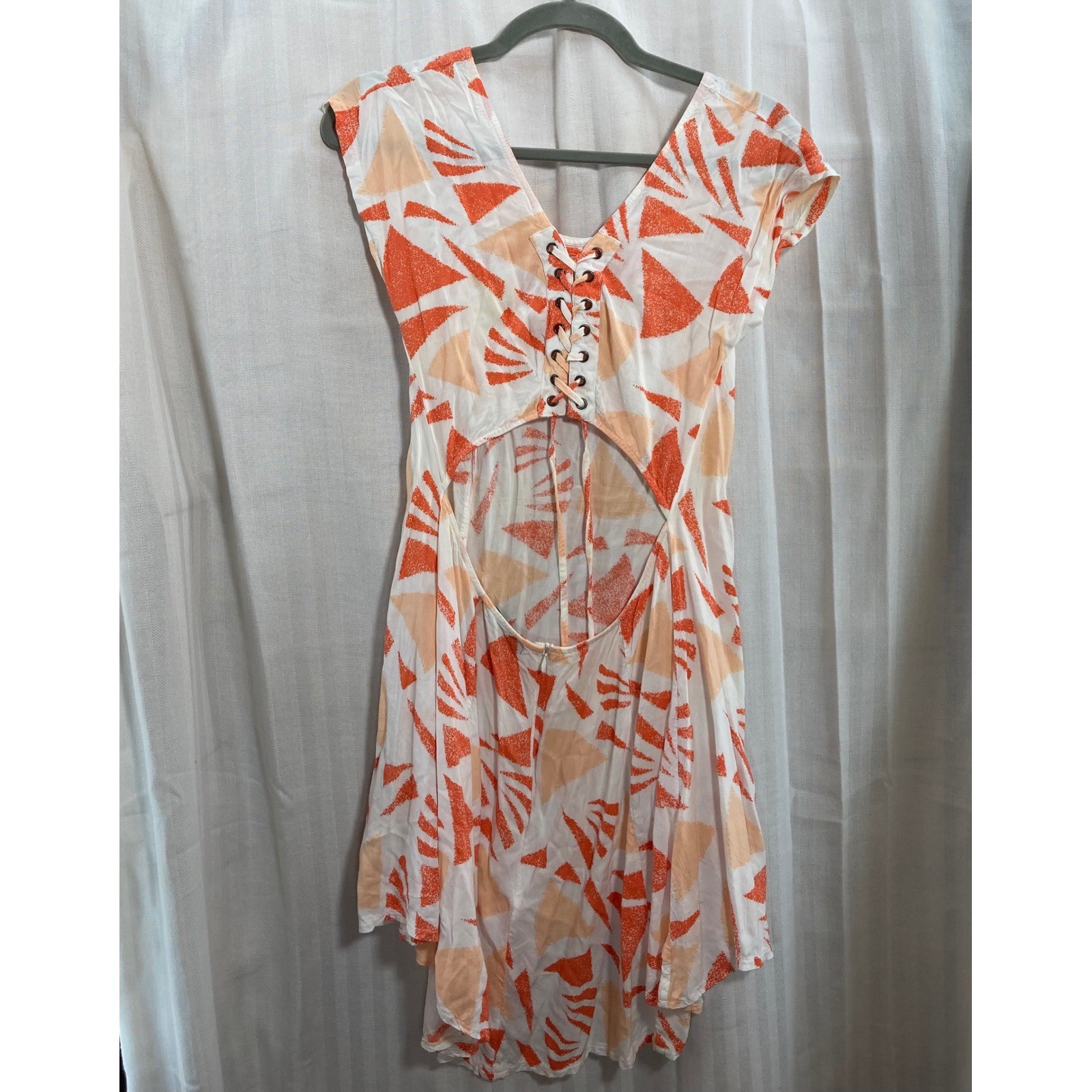 Love Lives Orange Geometric Print Lace Up Back Midi Dress Women’s M Resortwear