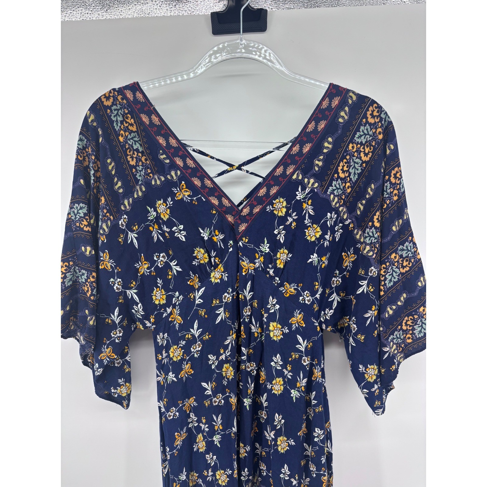 Flying Tomato Women’s Blue Floral Print V Neck Kimono Sleeve Mini Dress