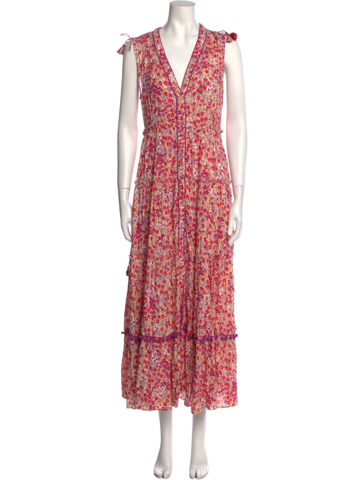 Poupette St Barth Midi Dress Sleeveless Pompom Bohemian Floral Size S