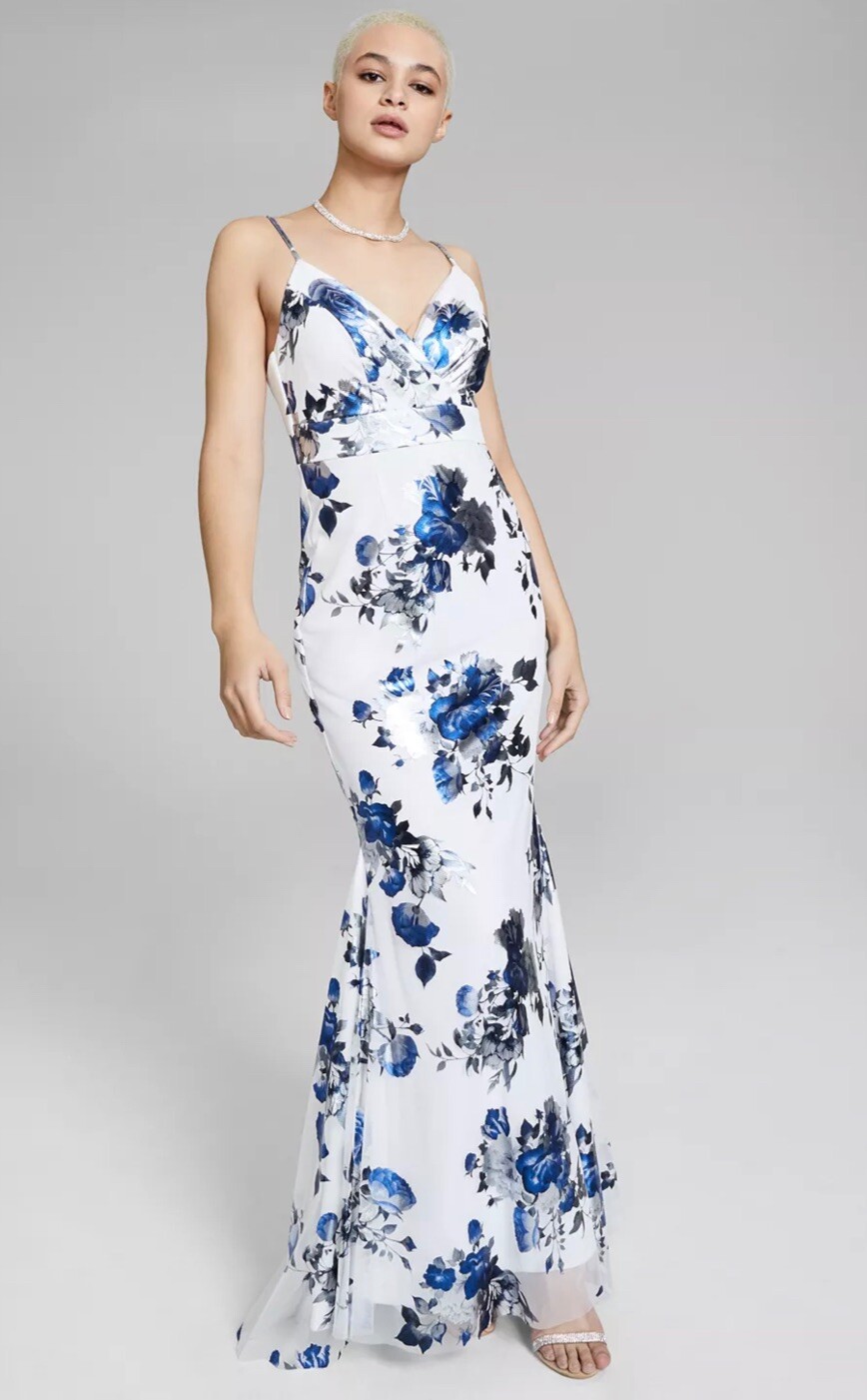 TEEZE ME Juniors’ Printed Foil Mesh Dress Blue & White Size 11