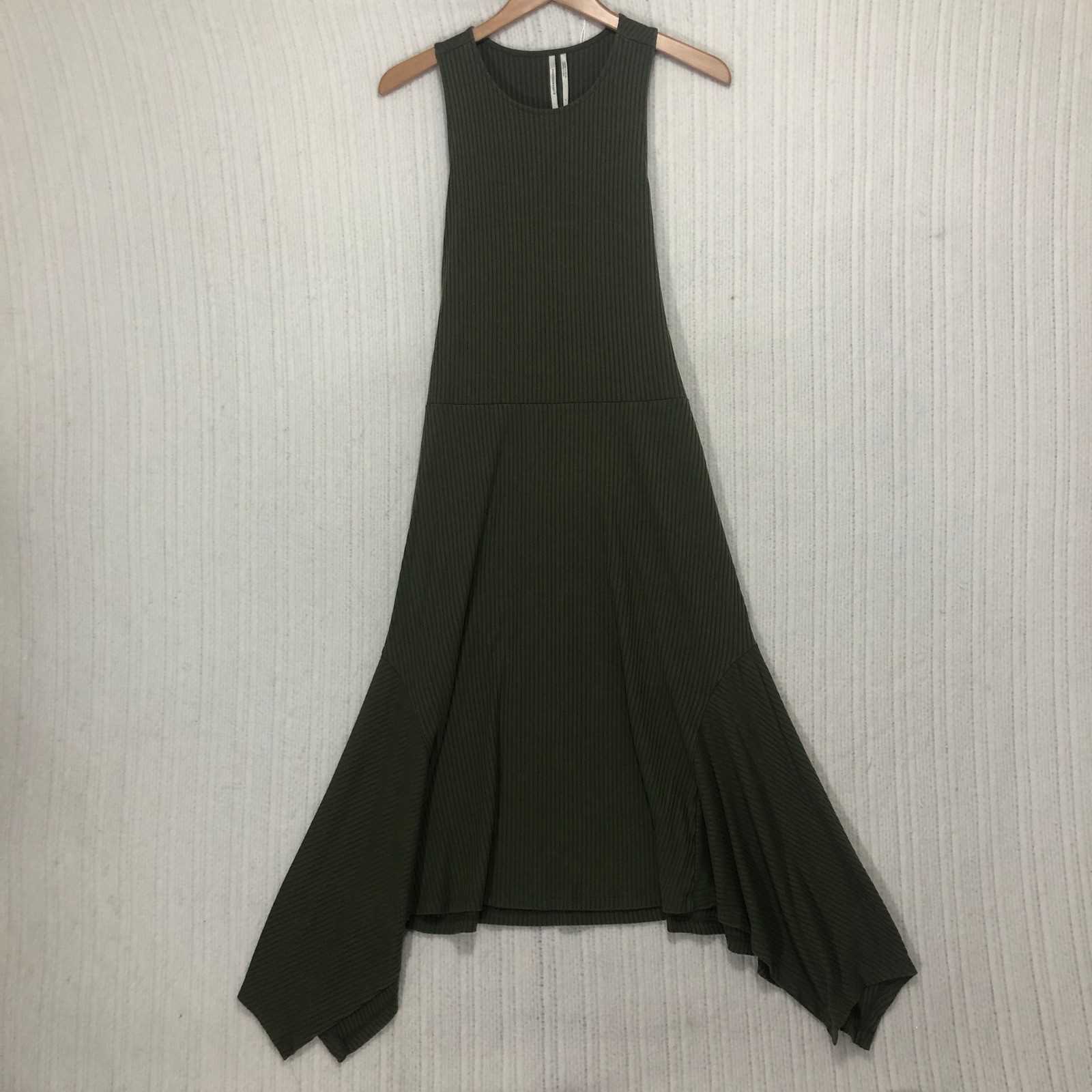 Anthropologie Olive Green Ribbed Knit Sleeveless Midi Dress Asymmetrical L