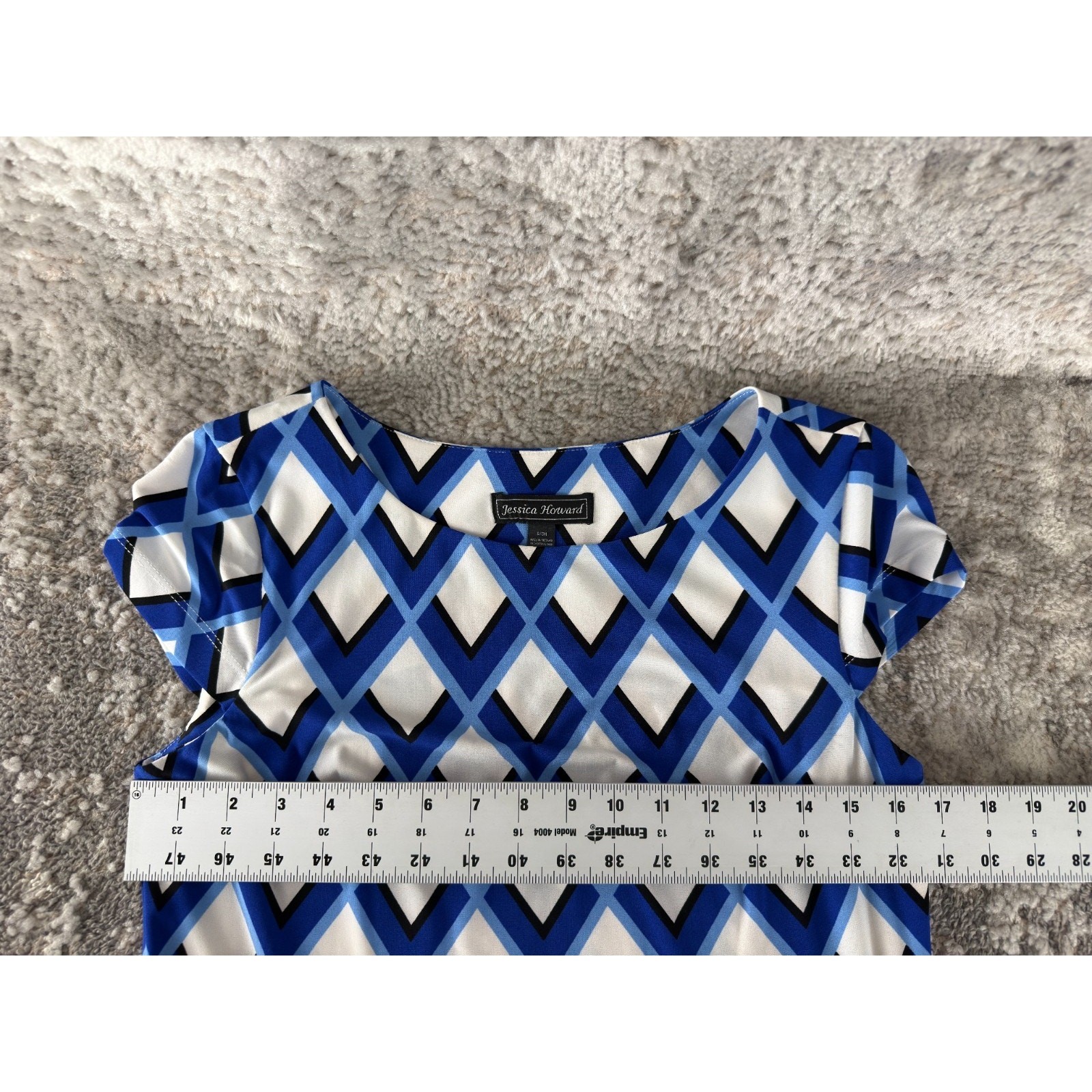 Jessica Howard Sz S Geometric Shift Mini Dress Blue cap Sleeve Pullover Stretch