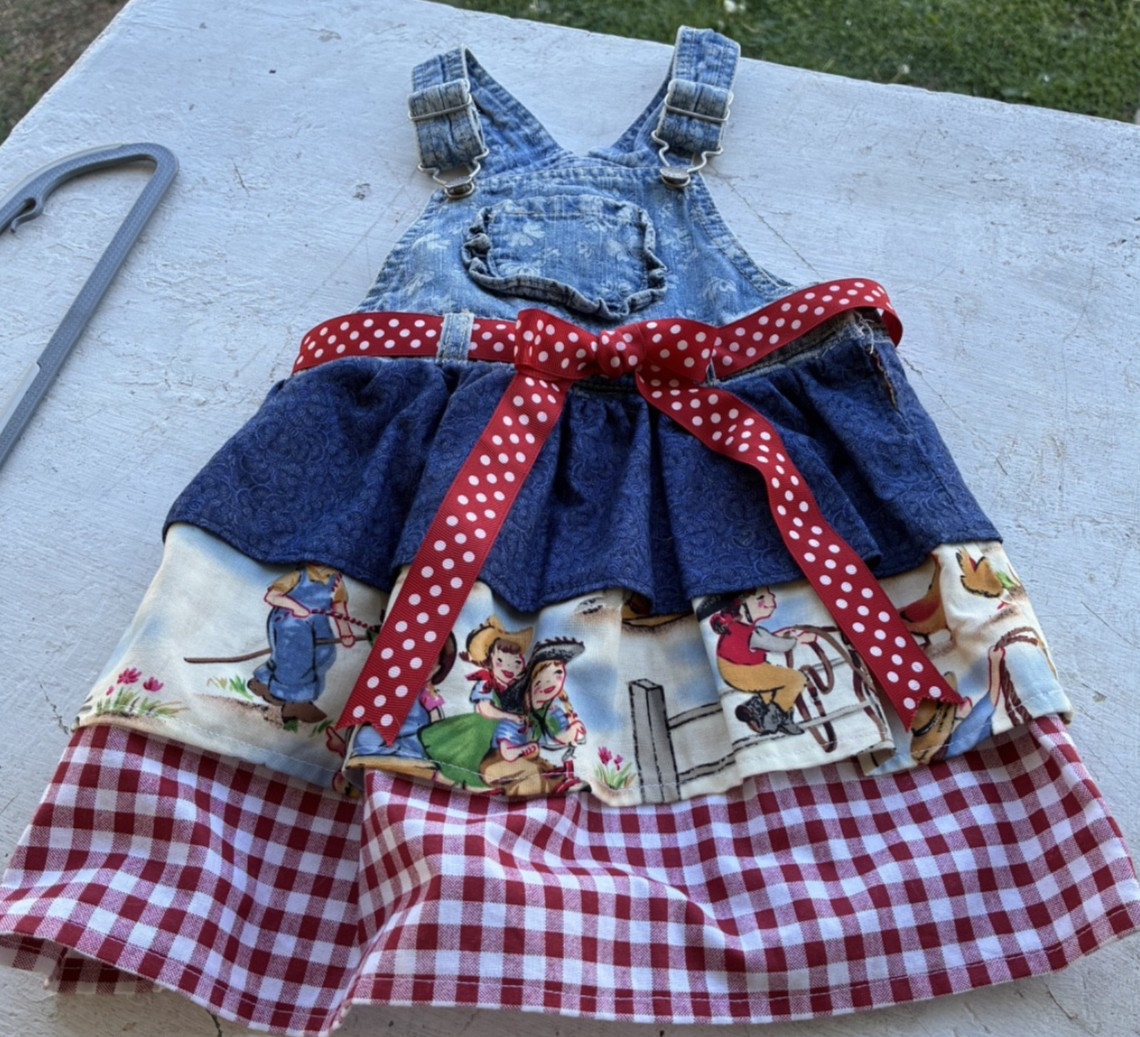 Upcycled Denim Overall Bodice Into Jumper Dress Cowgirl Print Toddler Size 2-3