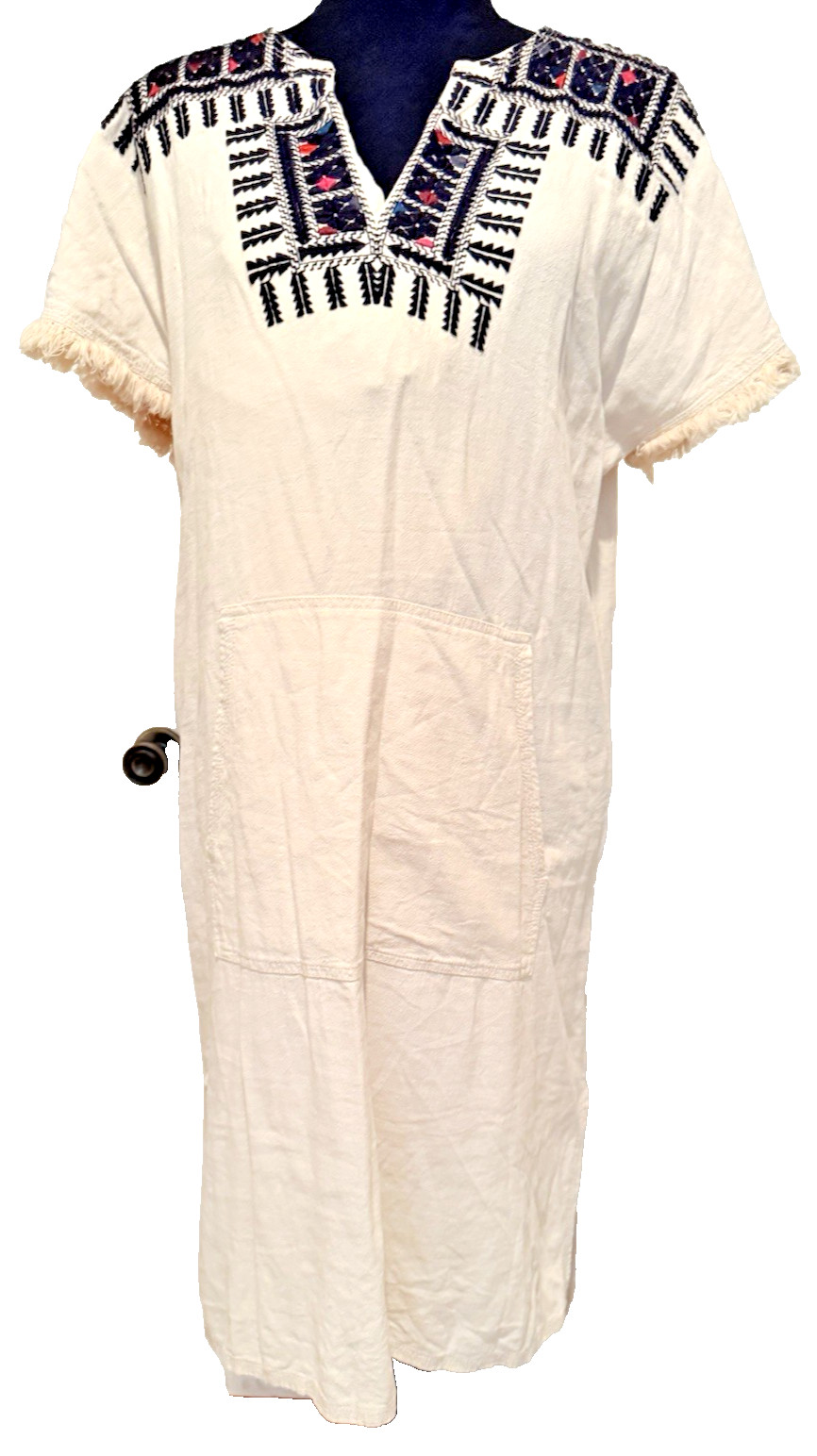 Madewell Paradise Dress Womens Stone 16 Peasant Aztec Embroidered Fringe Short