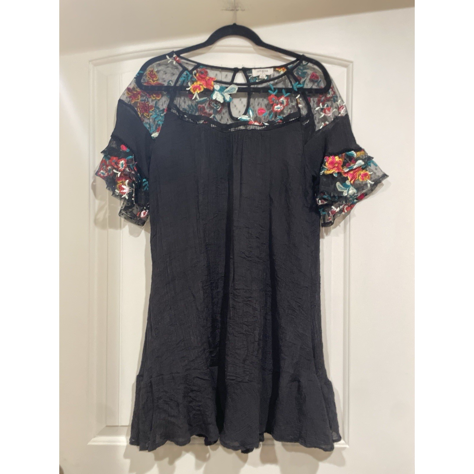 Umgee USA Floral Dress Womens Size Large Black Ruffle Lace Casual