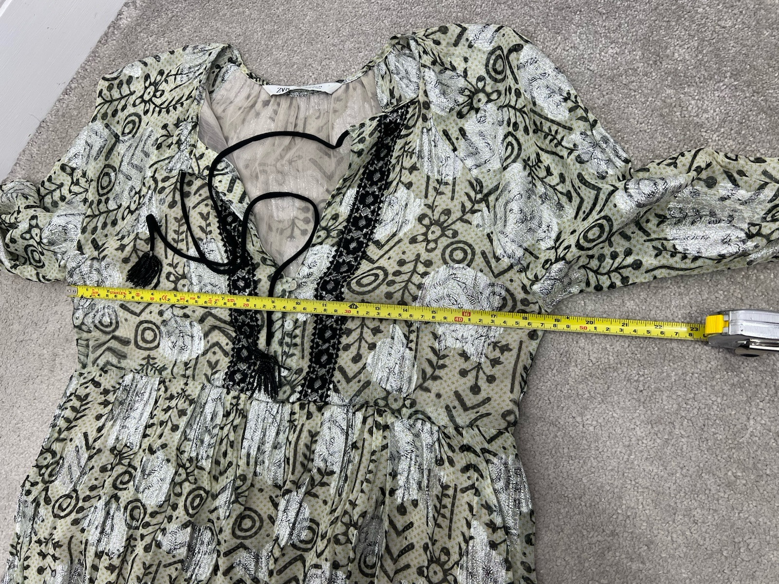 Zara A Line Boho Mini Dress Size XS Relaxed Oversized Fit Green Metallic Silver