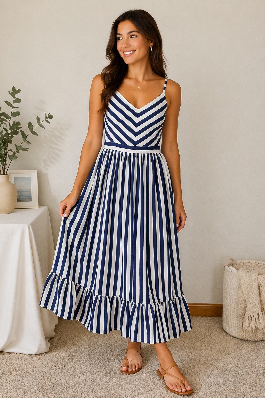 NWT J.Crew Striped Ruffle Maxi White Navy Belted Cotton Tank Dress Size 14