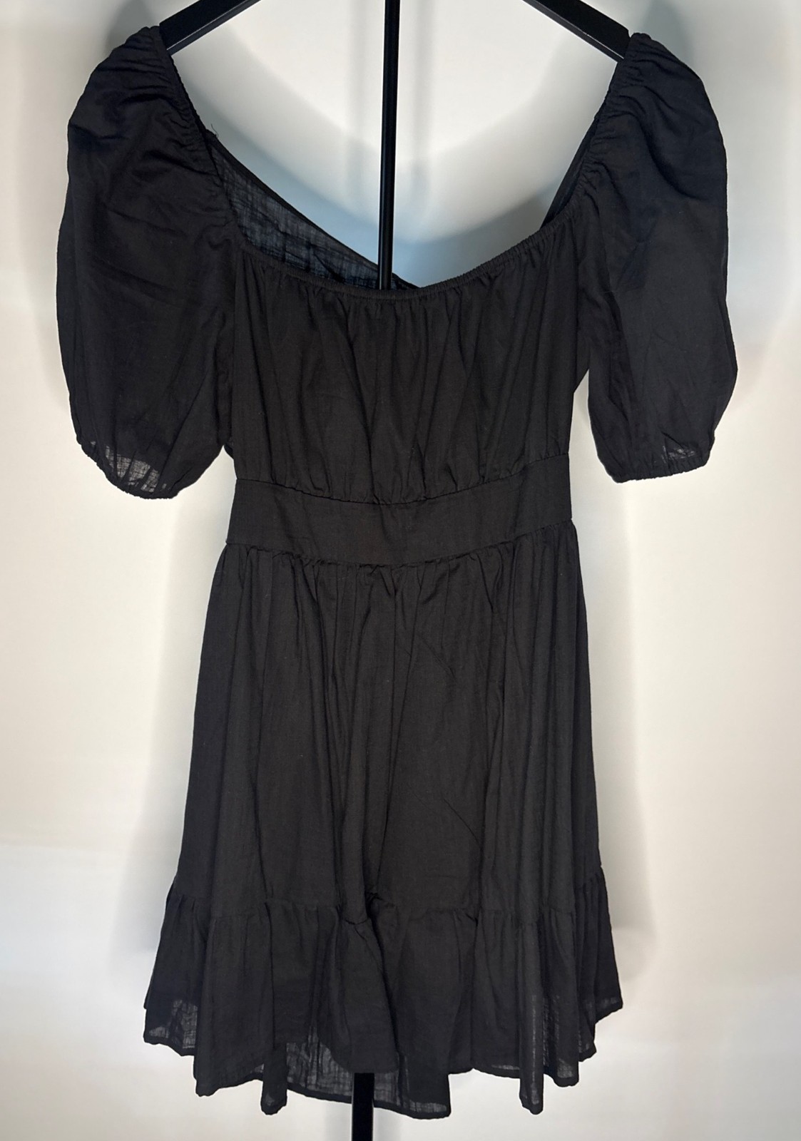 SHEIN Midi Black Backless Cut Out Puff Sleeve Tie Back Smocked Waist Ruffled Hem