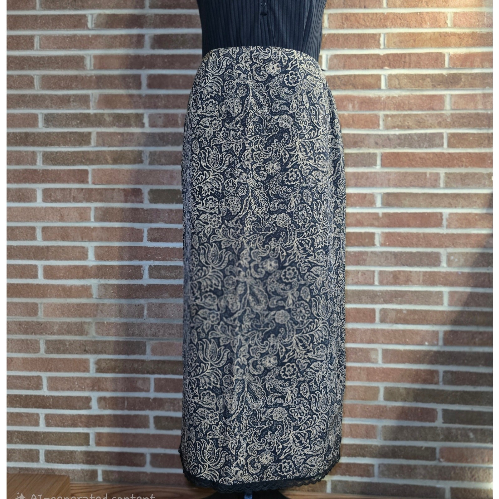 VTG Emma James Liz Claiborne 100% Silk Paisley Midi Maxi Skirt Size 8 Black Gold
