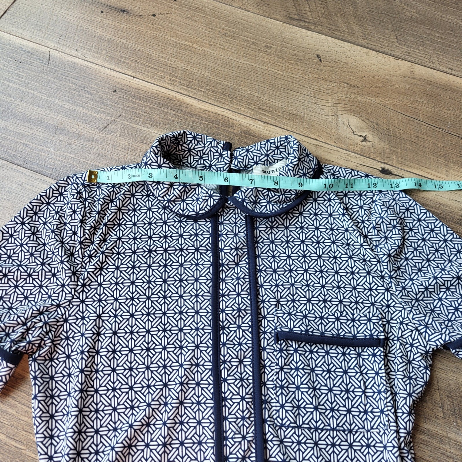 Monteau Los Angeles Navy White Geometric Peter Pan Collar Tie Waist Dress Small