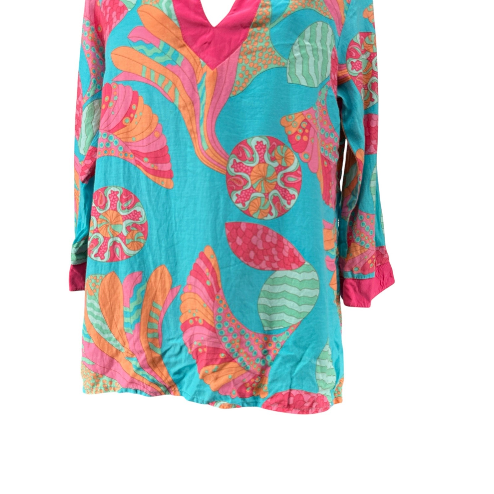 Britt Ryan Mini Dress Silk Blend Bright Pink Blue Tropical V-Neck Beach Medium