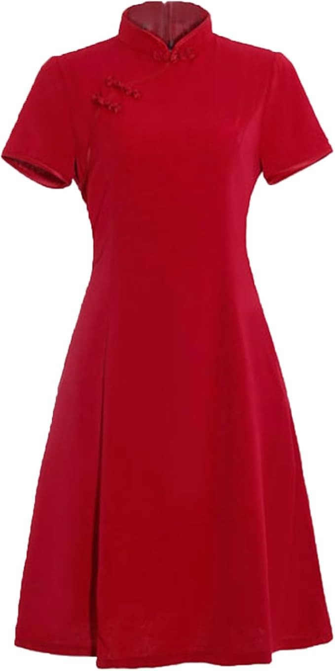 Women’s Vintage Qipao Stand-up Collar Side Pockets Party Swing Dress XX-Large