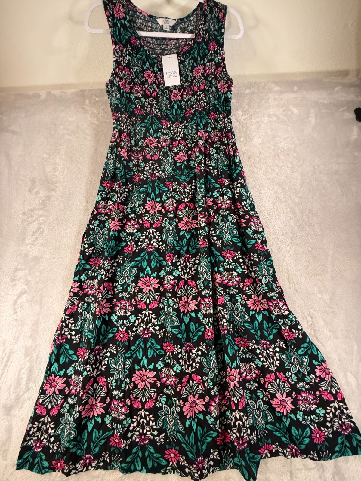 Croft & Barrow NWT Black w/Flowers Stretchy Bodice Dress Size Small (A18-6)