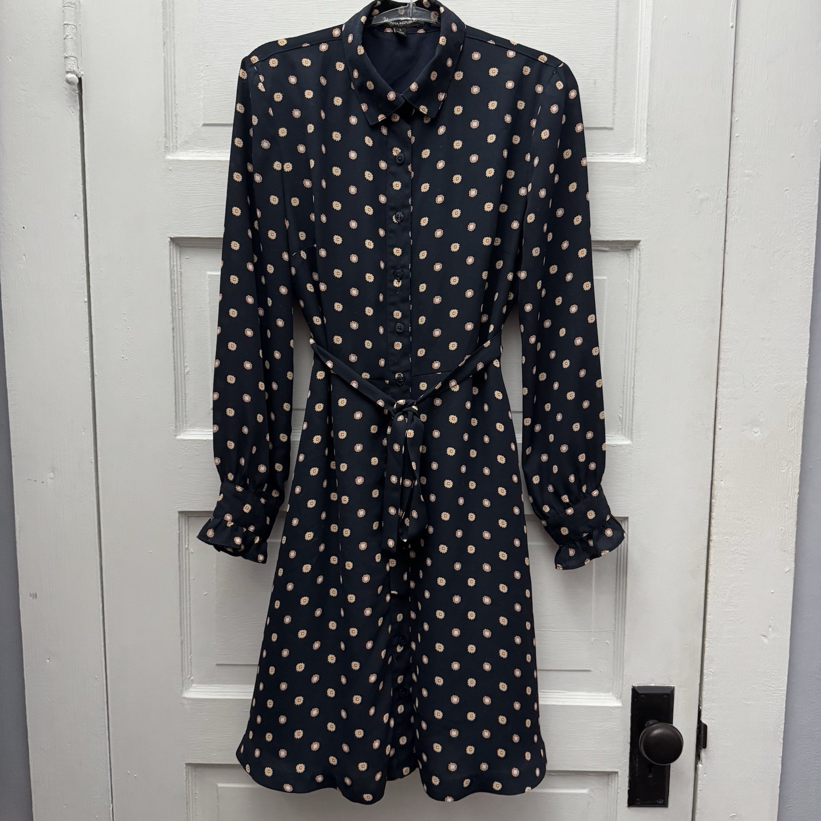 Banana Republic Womens 4 Shirt Dress Navy Floral Tie Waist Long Sleeve Midi
