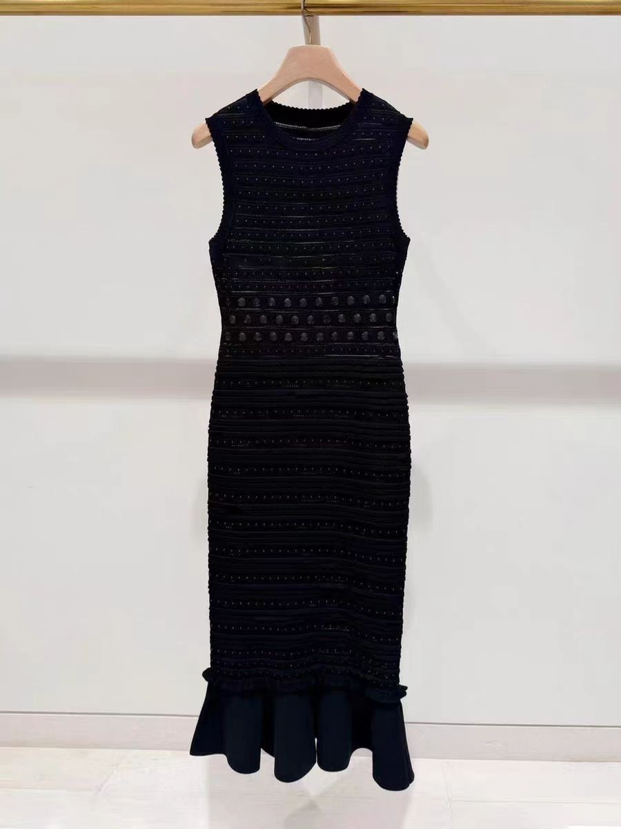 Sandro Nail bead Ruffled edge Knitting Fishtail vest dress Women’s Dresses