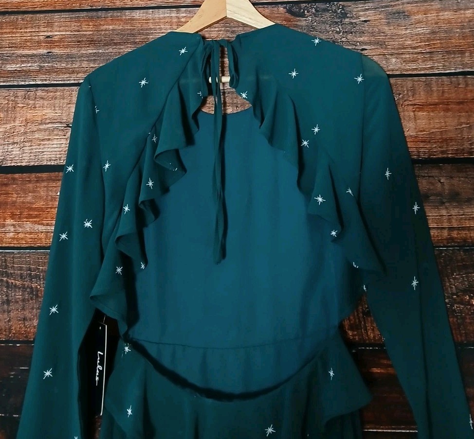 Lulus Dress XS Counting Constellations Green Star Embroidered Open Back NWT