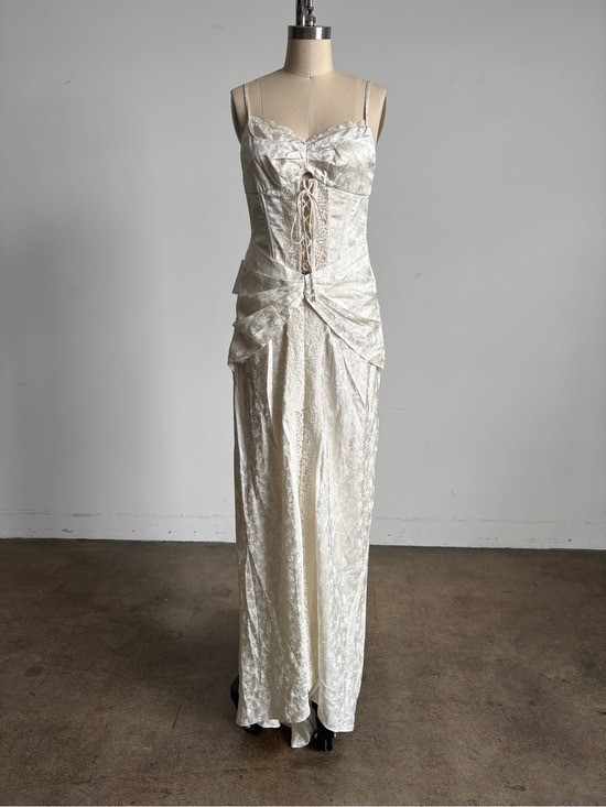 $729 NWT For Love And Lemons “Ophelia” Lace-Up Maxi Gown in Ivory Sz 4