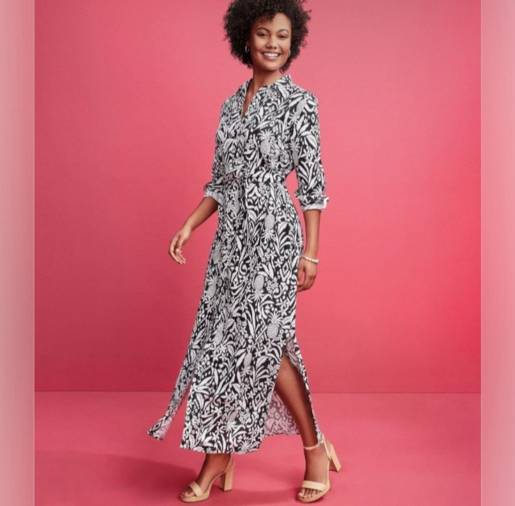 LOFT Linen Blend Long Sleeve Button Belted Tie Midi Maxi Shirt Dress Tropical 6