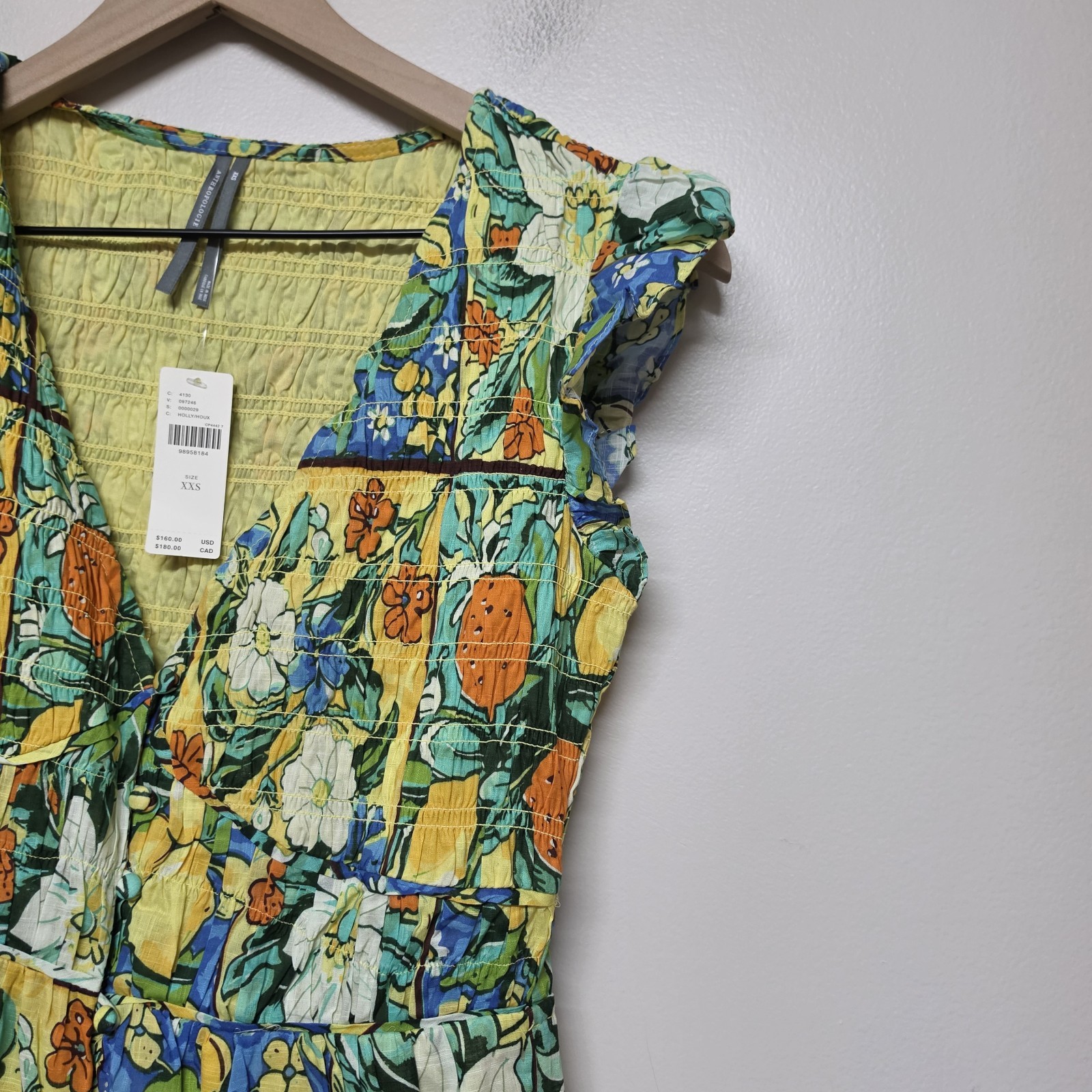 Anthropologie Peregrine Flutter Sleeve Midi Dress Citrus Floral Tile Print XXS
