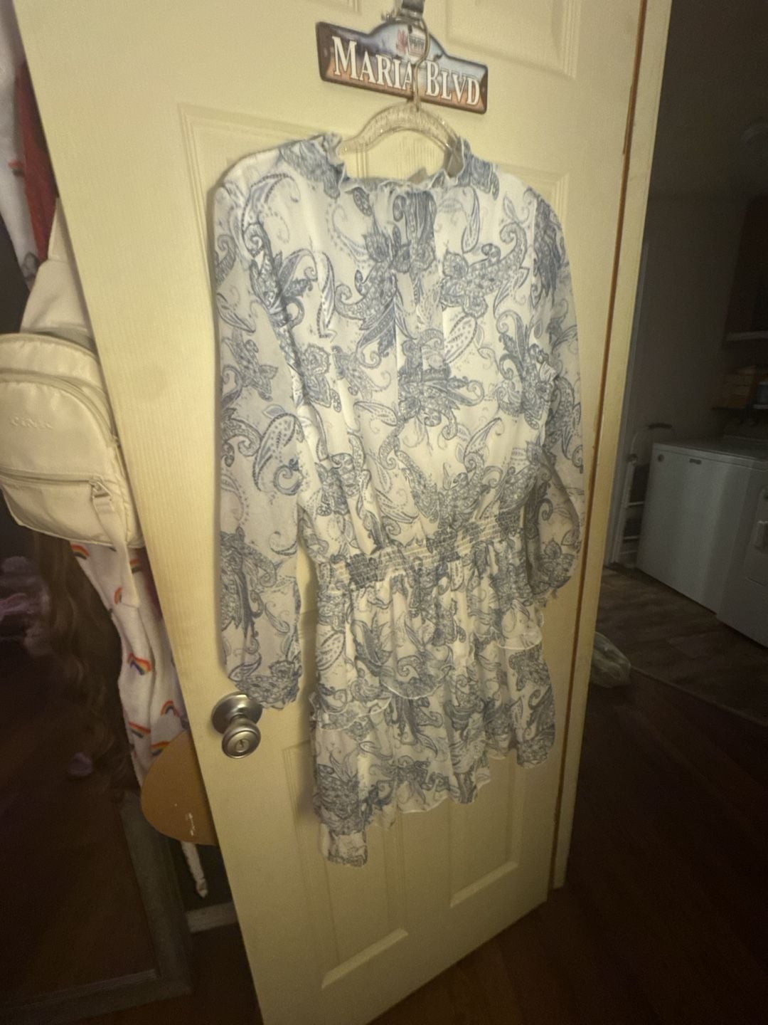 Lila Li Blue and White Paisley Print Long Sleeve Ruffle Mini Dress