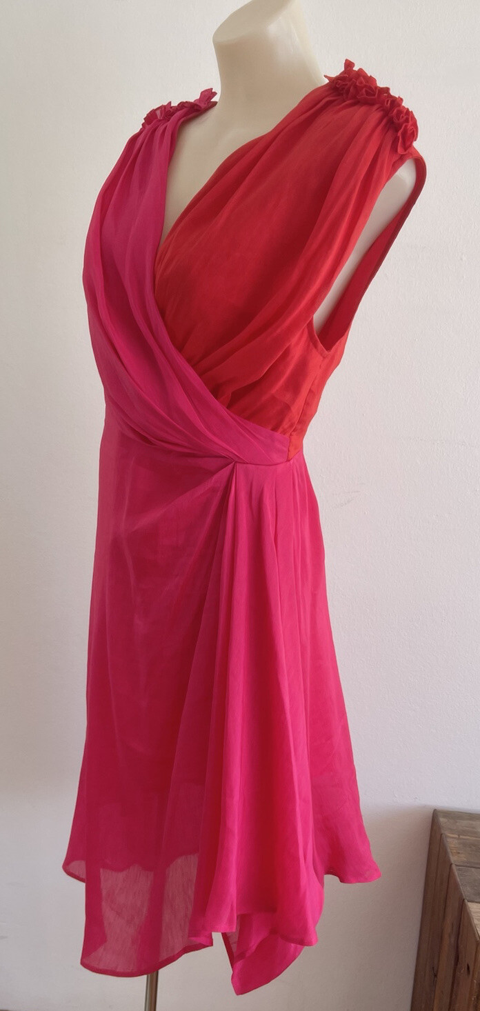 LEO LIN Silk Midi Dress Pink Red Draped Asymmetric Grecian Party Size AU 12 L