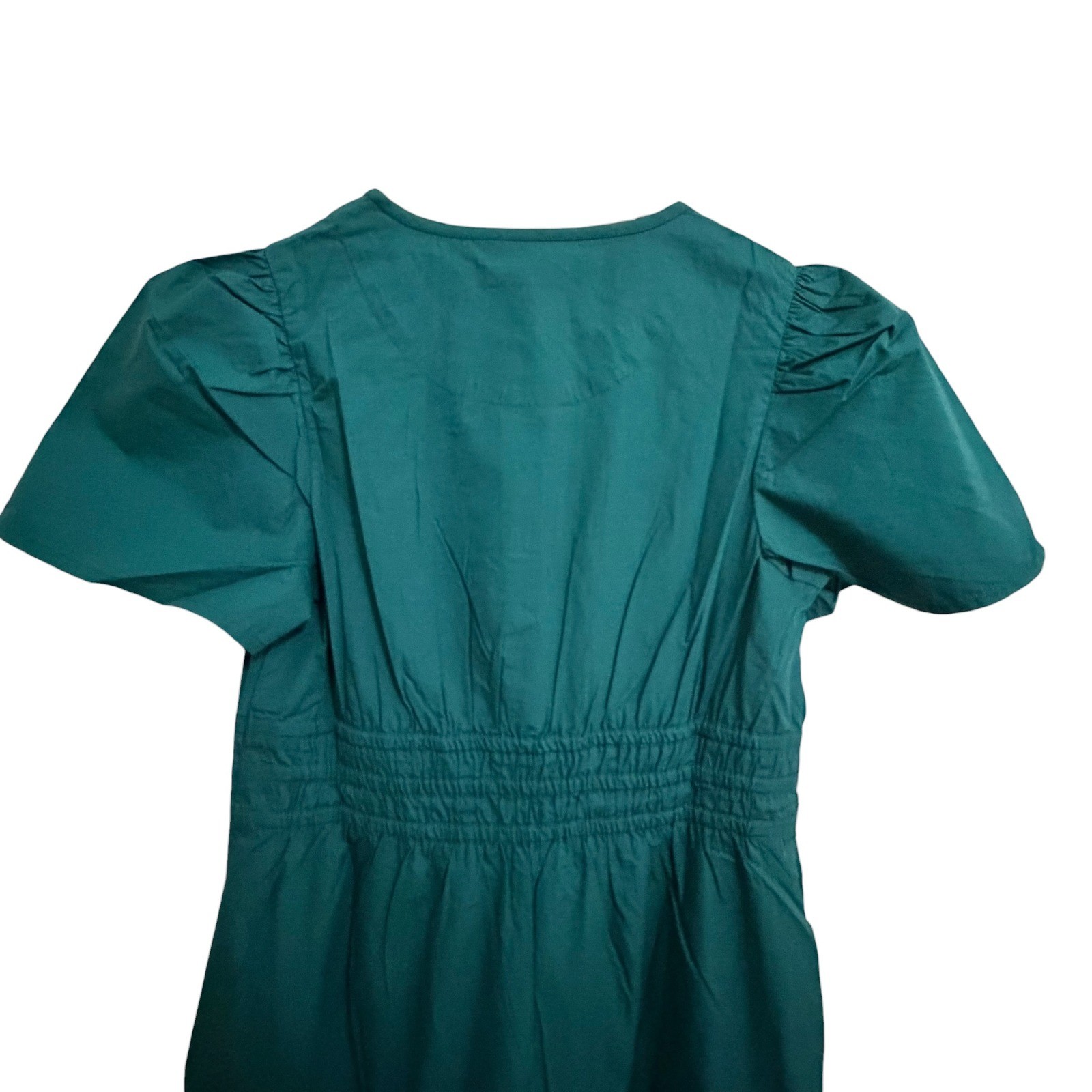 Quince Organic Cotton Poplin Smocked Maxi Dress Green Puff Sleeve Tiered Small