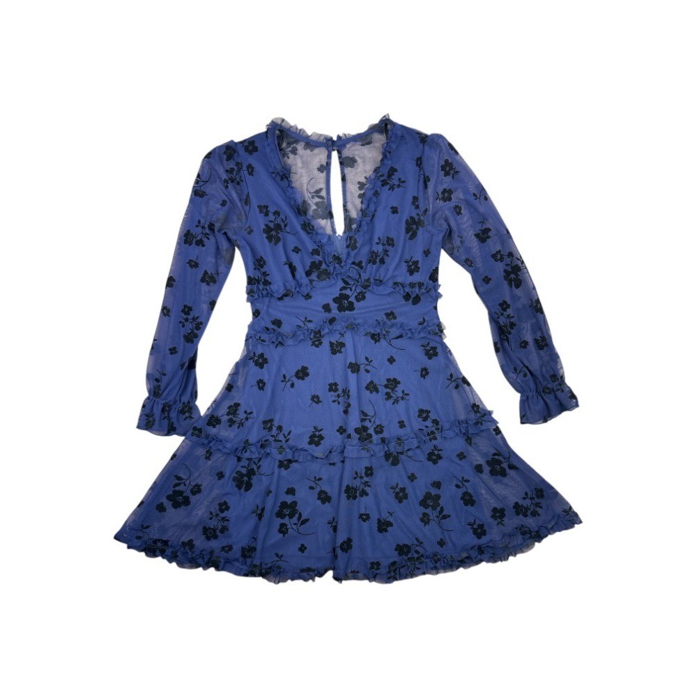 B. Darlin Long Sleeve Tiered Mini Dress Blue Floral Mesh Size 5/6 Romantic Chic