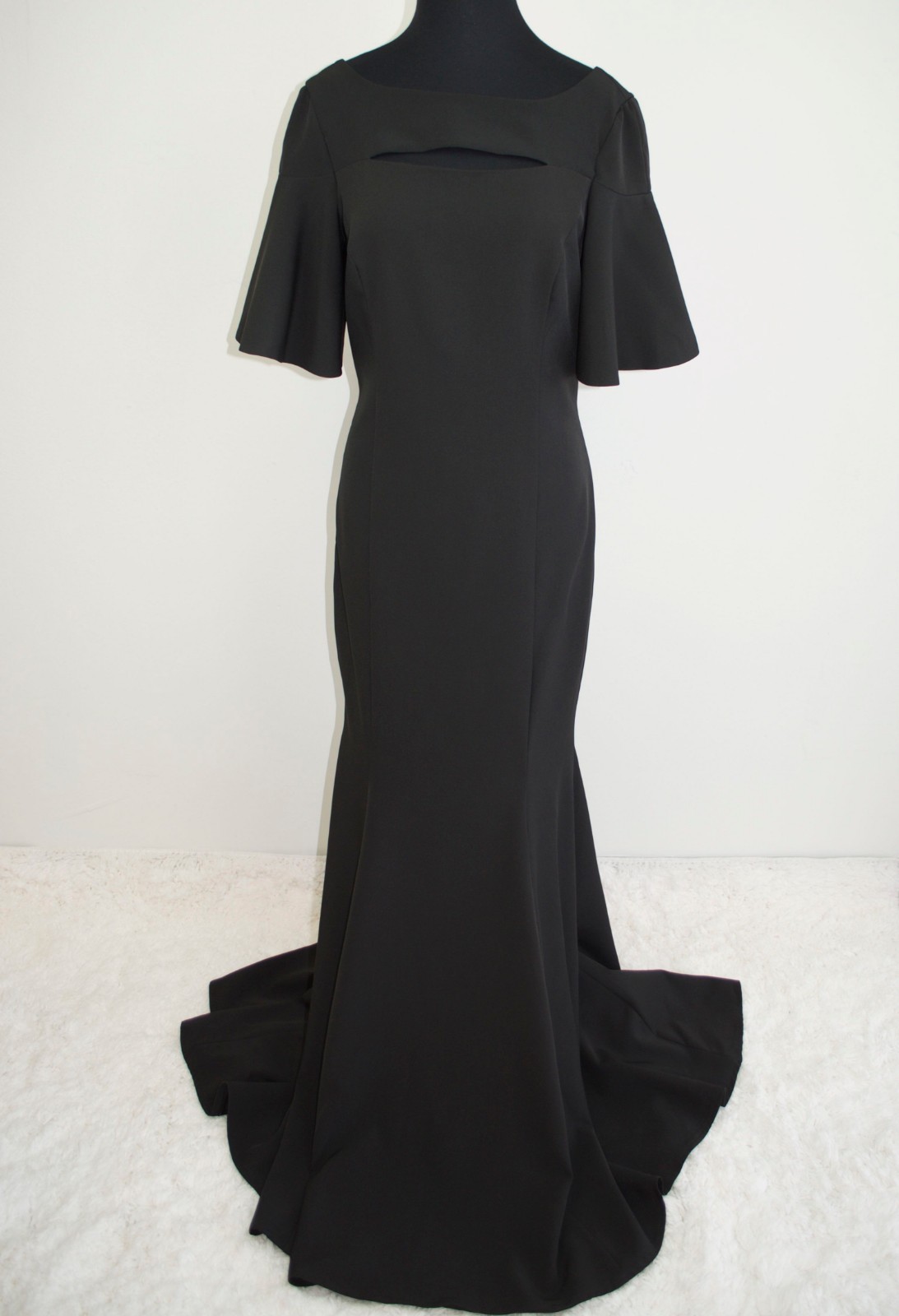 JAY GODFREY Black Cutout Flutter RuffleSleeve Stretch Mermaid Maxi Gown Dress 8