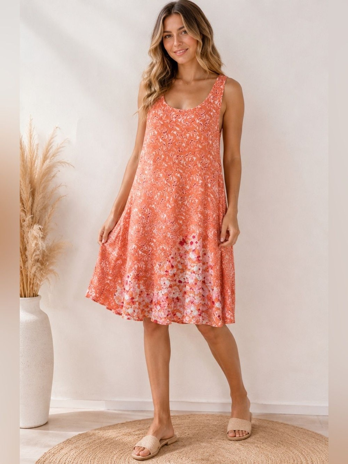 NWT Altar’d State Peach Floral Sleeveless Swing Dress Size Small Boho